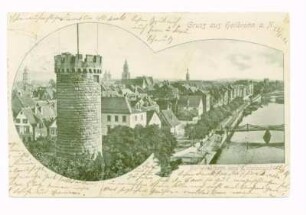 "Bollwerkturm und Totalansicht", "Gruß aus Heilbronn" - Gesamtansicht mit Bollwerksturm, Neckar und Blick auf nördliche Altstadt
