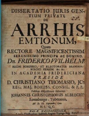 Dissertatio Juris Gentium Privati, De Arrhis Emtionum