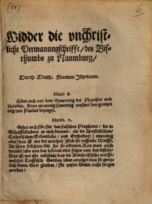 Widder die unchristliche Vermanungsschrifft des Bisthumbs zu Naumburg