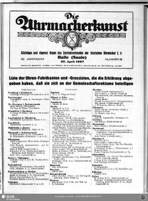 Liste der Uhren-Fabrikanten und -Grossisten, die die Erklärung abgegeben haben, daß sie sich an der Gemeinschaftsreklame beteiligen