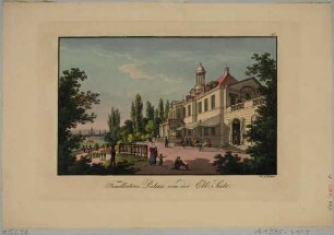 Findlaters Palais (Landsitz Lord Findlaters, ab 1820 Ausflugsgaststätte, um 1850 Abriss, Errichtung Schloss Albrechtsberg) am Loschwitzer Elbhang zwischen Saloppe und Mordgrund, Blick nach Nordwesten