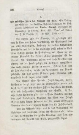 672-675 [Rezension] Stumpf, Theodor, Die politischen Ideen des Nicolaus von Cues