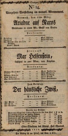 Kgl. Hoftheater in Stuttgart : [Theaterzettel], 1816