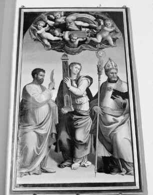 Gottvater, heilige Barbara, heiliger Bartholomäus und Bischofsheiliger Emilius