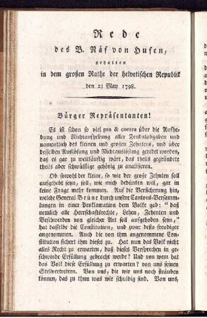 Rede des B. Näf von Husen, gehalten in dem großen Rathe der helvetischen Republik den 23 May 1798.
