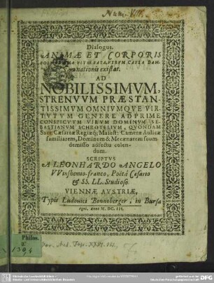 Dialogus animae et corporis : postrema vitae fata