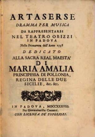 Artaserse : dramma per musica da rappresentarsi nel Teatro Obizzi in Padova nella primavera dell'anno 1738