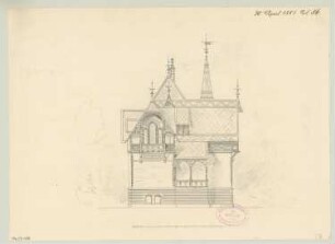 Ländliches Wohnhaus, Berlin-Lichterfelde Monatskonkurrenz April 1881: Aufriss Seitenansicht; Maßstabsleiste