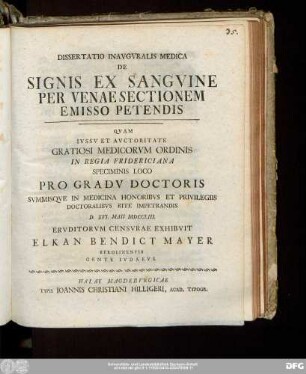 Dissertatio Inavgvralis Medica De Signis Ex Sangvine Per Venae Sectionem Emisso Petendis