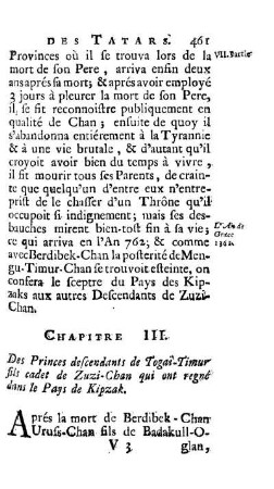 Chapitre III. Des Princes descendants de Togai-Timur fils cadet de Zuzi-Chan qui ont regné dans le Pays de Kipzak.