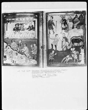 Evangelienbuch Heinrichs 3. (Codex Evangeliorum) — Gleichnis vom großen Gastmahl, Folio 78verso-79recto — Die Eingeladenen entschuldigen sich, Folio 79recto