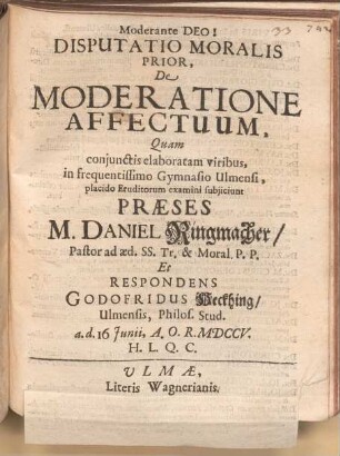 Disputatio Moralis Prior, De Moderatione Affectuum