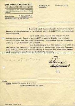 Schreiben des Generalstaatsanwaltes zur Gewährung einer Strafaussetzung