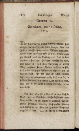 Nummer 54. Sonnabends, den 31. Julius, 1779. - Nummer 56. Donnerstags, den 7 August, 1779.
