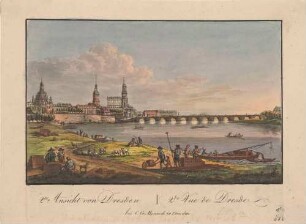 Stadtansicht von Dresden, Blick vom Ausschiffungsplatz am linken Elbufer nach Südwesten auf die Altstadt und die Augustusbrücke, im Vordergrund Arbeiter und Boote
