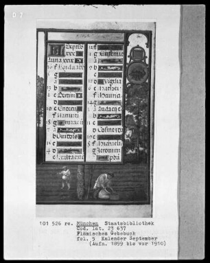 Flämisches Gebetbuch mit Kalender — Kalenderseite September mit Monatsbild und Tierkreiszeichen, Folio 5recto