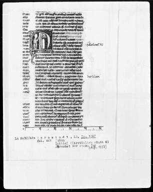Biblia sacra mit Missale — Initiale M mit Prophet vor einem Tor, Folio 461recto