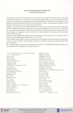III. Index der Brāhmī-Inschriften von Ba DAs bis Ke Ges