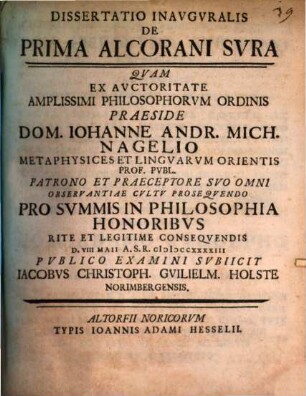 Dissertatio Inavgvralis De Prima Alcorani Svra