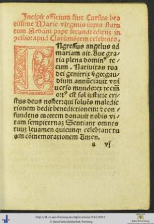 Officium sive Cursus beatissime Marie virginis iuxta statutum Urbani pape secundi
