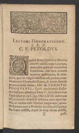 Lectori Honoratissimo S. P. D. C. F. Pezoldus
