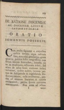 De Ratione Discendae Ac Docendae Linguae Latinae Et Graecae Oratio Johannis Posselii.