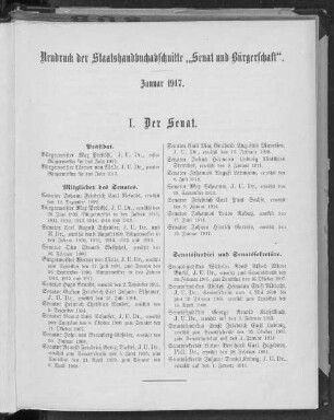 Neudruck der Staatshandbuchabschnitte "Senat und Bürgerschaft". Januar 1917.