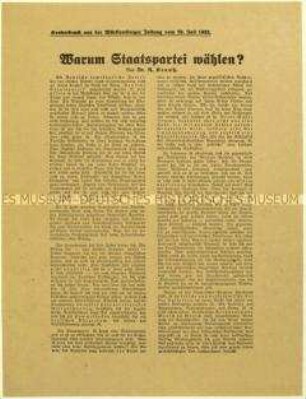 Flugblatt der Deutschen Staatspartei zur Reichstagswahl am 31. Juli 1932