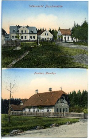 Marienbad. Villenviertel Flaschenhütte und Forsthaus Hasenhau : Marienbad. Villenviertel Flaschenhütte und Forsthaus Hasenhau. Zwei Fotografien zur Herstellung der handkolorierten Ansichtspostkarte