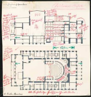 Opernhaus, Breslau: Grundriss und Längsschnitt