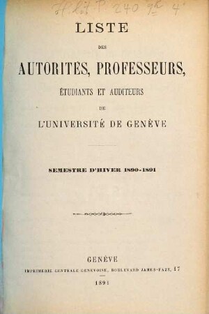 Liste des autorités, professeurs, assistants et étudiants. 1890/91 (WS)