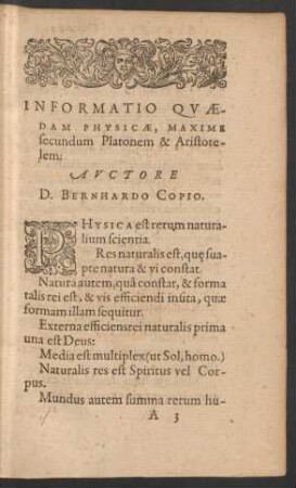 Informatio Quaedam Physicae, Maxime secundum Platonem & Aristotelem: