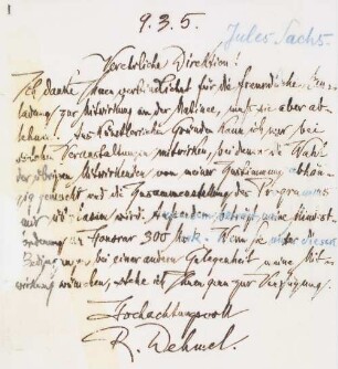 Brief an Jules Sachs Konzertdirektion