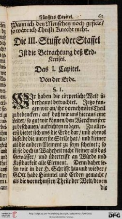 Die III. Stuffe oder Staffel ist die Betrachtung deß Erd = Kreises