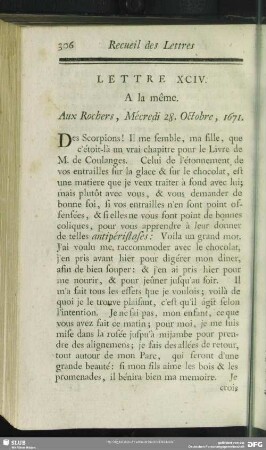 Lettre XCIV. A la même. Aux Rochers, Mécredi 28. Octobre, 1671