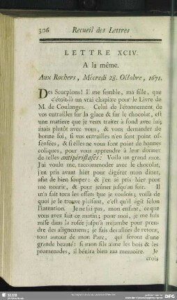 Lettre XCIV. A la même. Aux Rochers, Mécredi 28. Octobre, 1671