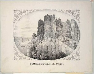 Die sandsteinerne Basteibrücke in der Sächsischen Schweiz, Blick nach Westen ins Elbtal und auf die Basteiaussicht