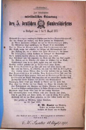 Zur feierlichsten vaterländischen Erinnerung des 5. deutschen Bundesschießens in Stuttgart vom 1. bis 9. August 1875