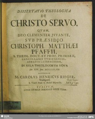 Dissertatio Theologica De Christo Servo