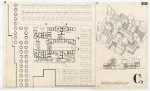 Wohn-Werksiedlung Märkisches Viertel, Berlin-Reinickendorf Gerätehof der Stadtreinigung: Lageplan mit Gerätehof und Wohnwerksiedlung 1:500, Schnitt, Isometrie, Blattnummer C2