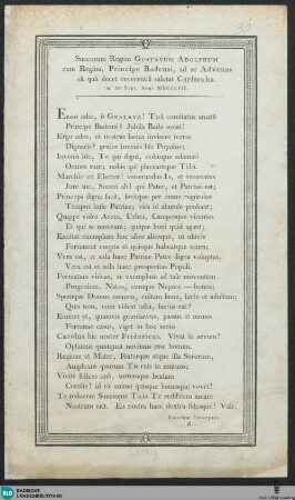 Suecorum regem Gustavum Adolphum cum Regina, Principe Badensi, ad se advenas eâ quâ decet reverentia salutat Carlsruha : m. 20 Sept. Anni MDCCCIII