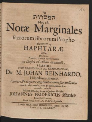 [...] Hoc est, Notae Marginales sacrorum librorum Propheticorum, Haphtarae dictae