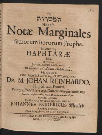 [...] Hoc est, Notae Marginales sacrorum librorum Propheticorum, Haphtarae dictae