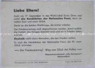 Handzettel mit der Aufforderung zur Wahl der Kandidaten der Nationalen Front am 17. September 1961