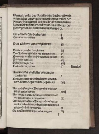 Hernach volgt das Register dits buchs unn umb eygentlicher anzeygung unnd findung willen der ding do hin geweyst wirdt alle zal darnach man suchen sol auff die artickel unnd nit auff die zal der pletter gestelt als darinnen erfunden wirdt.