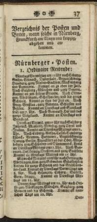 Verzeichnis der Posten und Boten, wenn solche in Nürnberg, Franckfurth am Mayn und Leipzig, abgehen und ankommen.