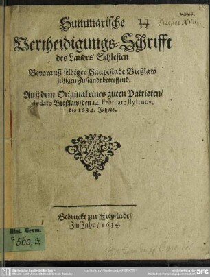 Summarische Vertheidigungschrift des Landes Schlesien