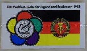 Aufkleber zu den XIII. Weltfestspiele der Jugend und Studenten 1989 in Pyöngyang mit DDR-Flagge