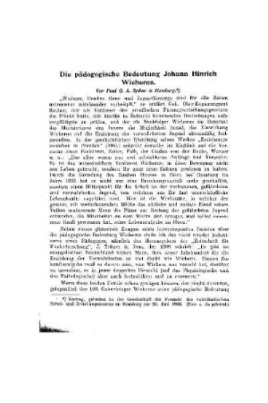 Die pädagogische Bedeutung Johann Hinrich Wicherns