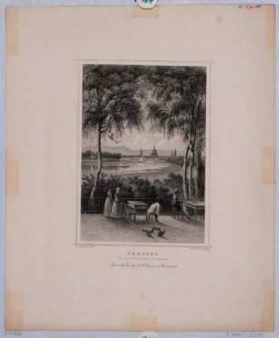 Blick auf Dresden vom Waldschlösschen aus gesehen, im Vordergrund Gäste des Restaurants an ihren Tischen, aus Rohbocks und Koehlers Königreich Sachsen, Thüringen und Anhalt von 1857